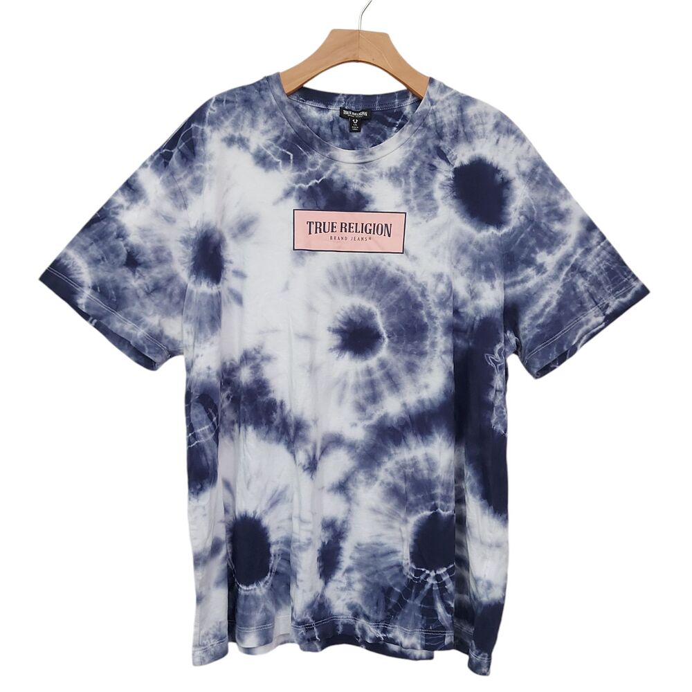 True Religion Mens Large Blue Tie Dye T-Shirt Relaxed Fit Short Sleeve Cotton